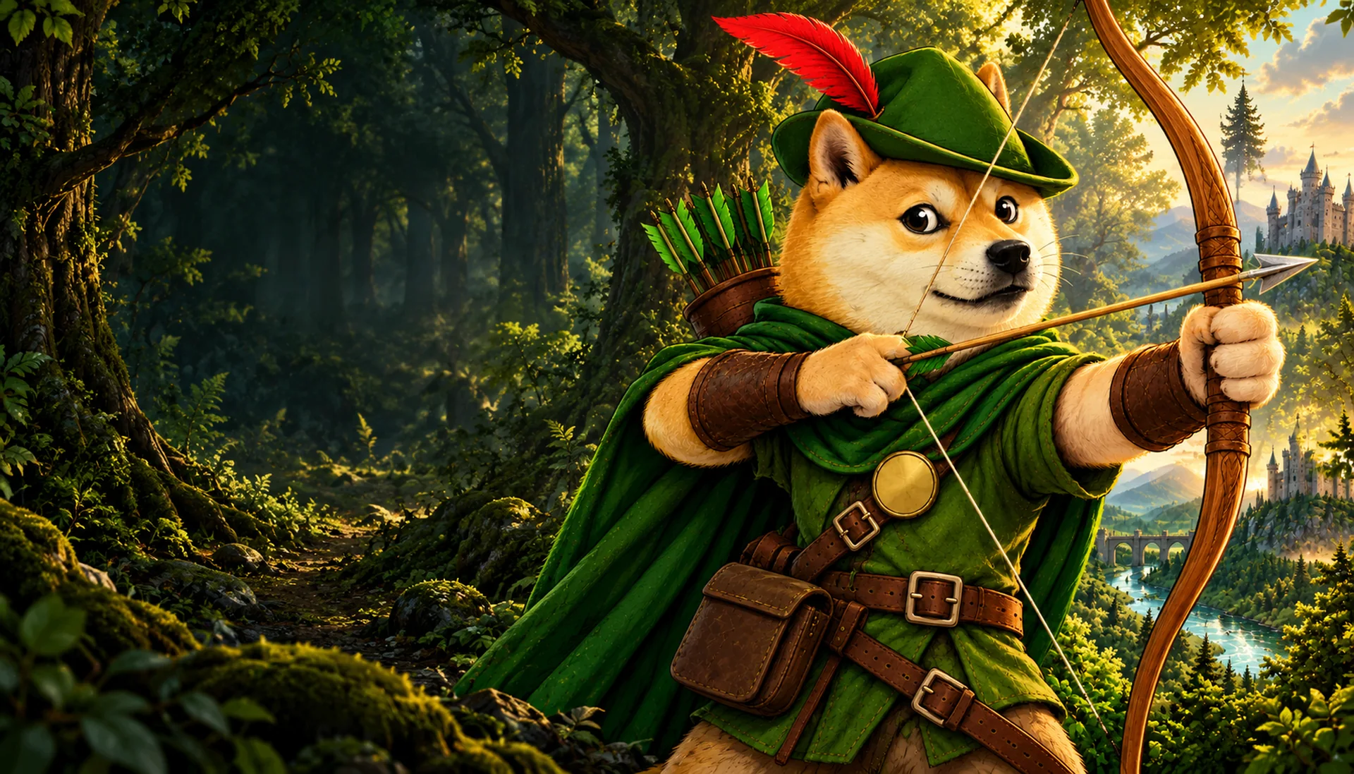 DogeHood draws his glowing green arrow in a golden-lit fantasy forest.