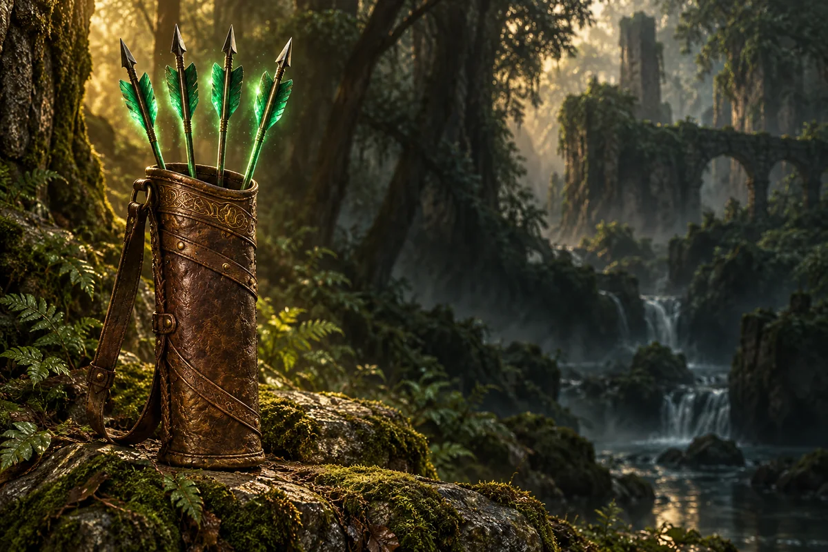 A worn leather quiver holds four legendary arrows glowing green in the forest.
